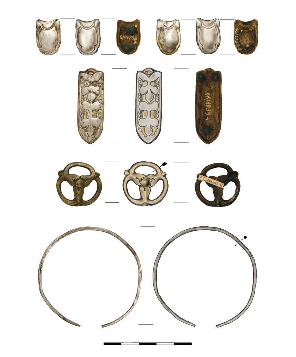 5. kép. Karancslapujtő (HU) 1. sír. 1‒2: Veret; 3: Szíjvég; 4: Küllős szíjelosztó; 5: Karperec (1. vagy 2. sír)
Рис. 5. Каранчлапуйте (Венгрия), погребение 1. 1‒2: Накладки; 3: Наконечник пояса; 4: Разделитель ремня;
5: Браслет (погребение 1. или 2)