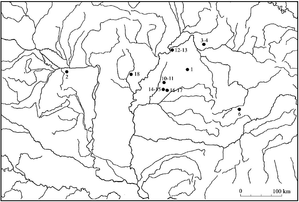 1. kép / Fig. 1
1: Balkány–Verébsár-dûlõ, 2: Bana–Ördögásta hegy, 3–4: Beregszász / Beregovo–Kishegy, 6: Kolozsvár / Cluj-
Napoca–Zápolya utca, 10–11: Püspökladány–Eperjesvölgy, 12–13: Rakamaz–Strázsadomb, 14–15: Sárrétudvari–
Hízóföld, 16–17: Sárrétudvari–Poroshalom, 18: Tarnaörs–Szentandrási határ