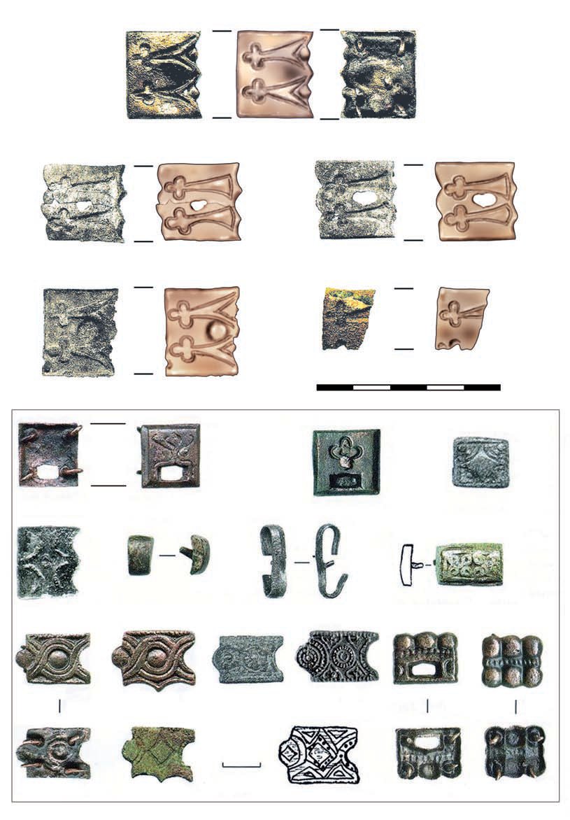 13. kép. Minyino II. (RU). 1‒5: Övveretek (Zajceva 2008, 95, рис. 88 nyomán); 6‒20: Válogatás a lelőhelyen feltárt
veretekből (Zajceva 2008, 88, рис. 76 nyomán)
Рис. 13. Минино II (Россия). 1‒5: Поясные накладки (по Zajceva 2008, 95, рис. 88); 6‒20: Разные поясные
накладки (по Zajceva 2008, 88, рис. 76)