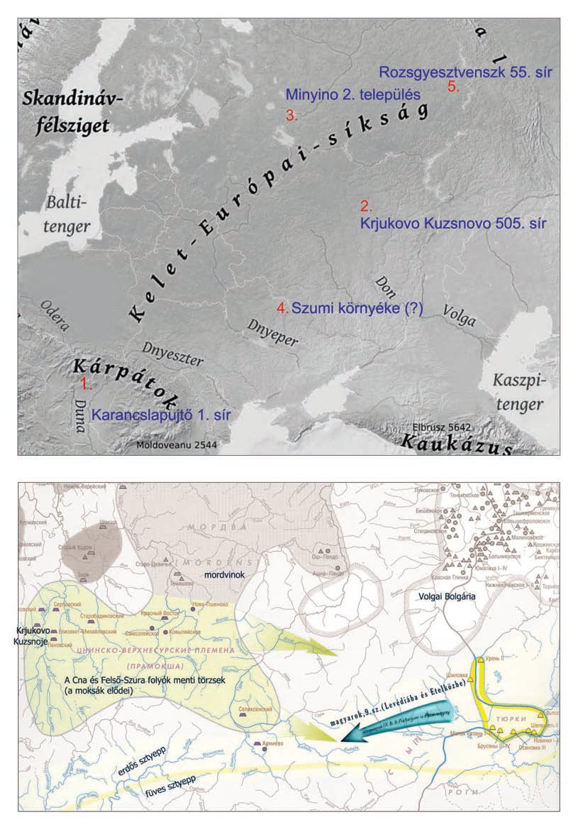 16. kép. 1: A karancslapujtői típusú övveretek elterjedése Kelet-Európában; 2: A 9‒11. századi ősmordvin temetők
és természetföldrajzi viszonyok a Középső-Volga vidéken, illetve a magyarok elődeinek feltételezett vándorútja a
régióban (Bulgarica 2012, 244 nyomán)
Рис. 16. 1: Распространение накладок типа «Каранчлапуйте» в Восточной Европе; 2: Ландшафтные зоны
и древнемордовские могильники в бассейне Средней Волги и гипотетический путь протомадьяр на запад
(по Bulgarica 2012, 244)