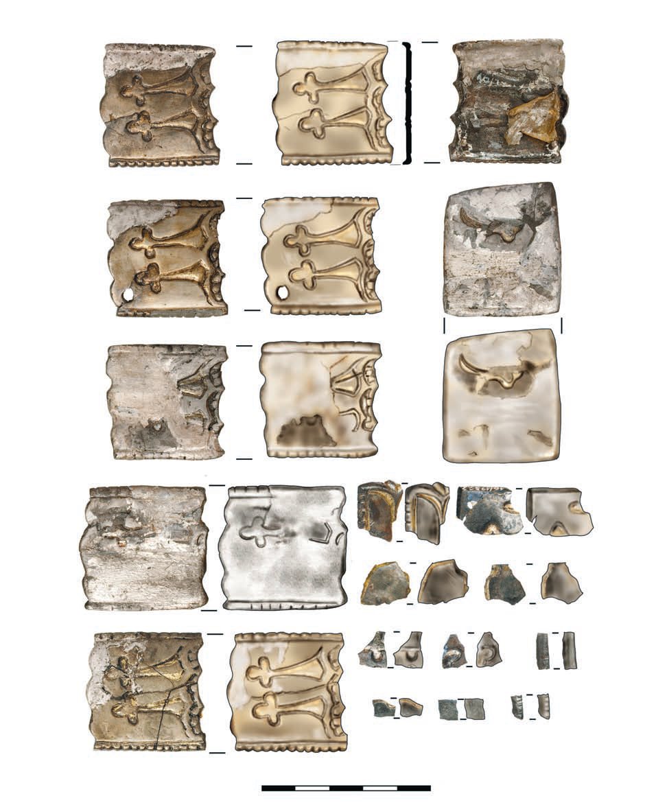3. kép. Karancslapujtő (HU) 1. sír. 1‒4: Övveretek; 7‒16: Az övveretek töredékei
Рис. 3. Каранчлапуйтe (Венгрия), погребение 1. 1‒4: Поясные накладки; 7‒16: Фрагменты накладок