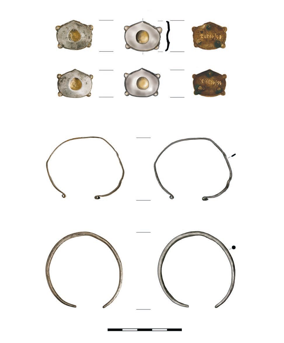 4. kép. Karancslapujtő (HU) 1. sír. 1‒2: Veretek; 3‒4: Karperecek (1. vagy 2. sír)
Рис. 4. Каранчлапуйте (Венгрия), погребение 1. 1‒2: Накладки; 3‒4: Браслеты (погребение 1. или 2)