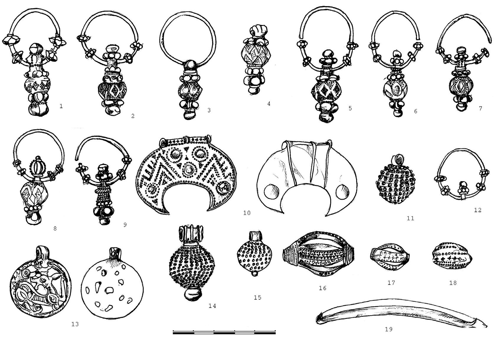 Рис. 1. Украшения и слиток из Алчедарского клада. 10 — золото, 13 — позолоченное серебро. Остальные —
серебро.