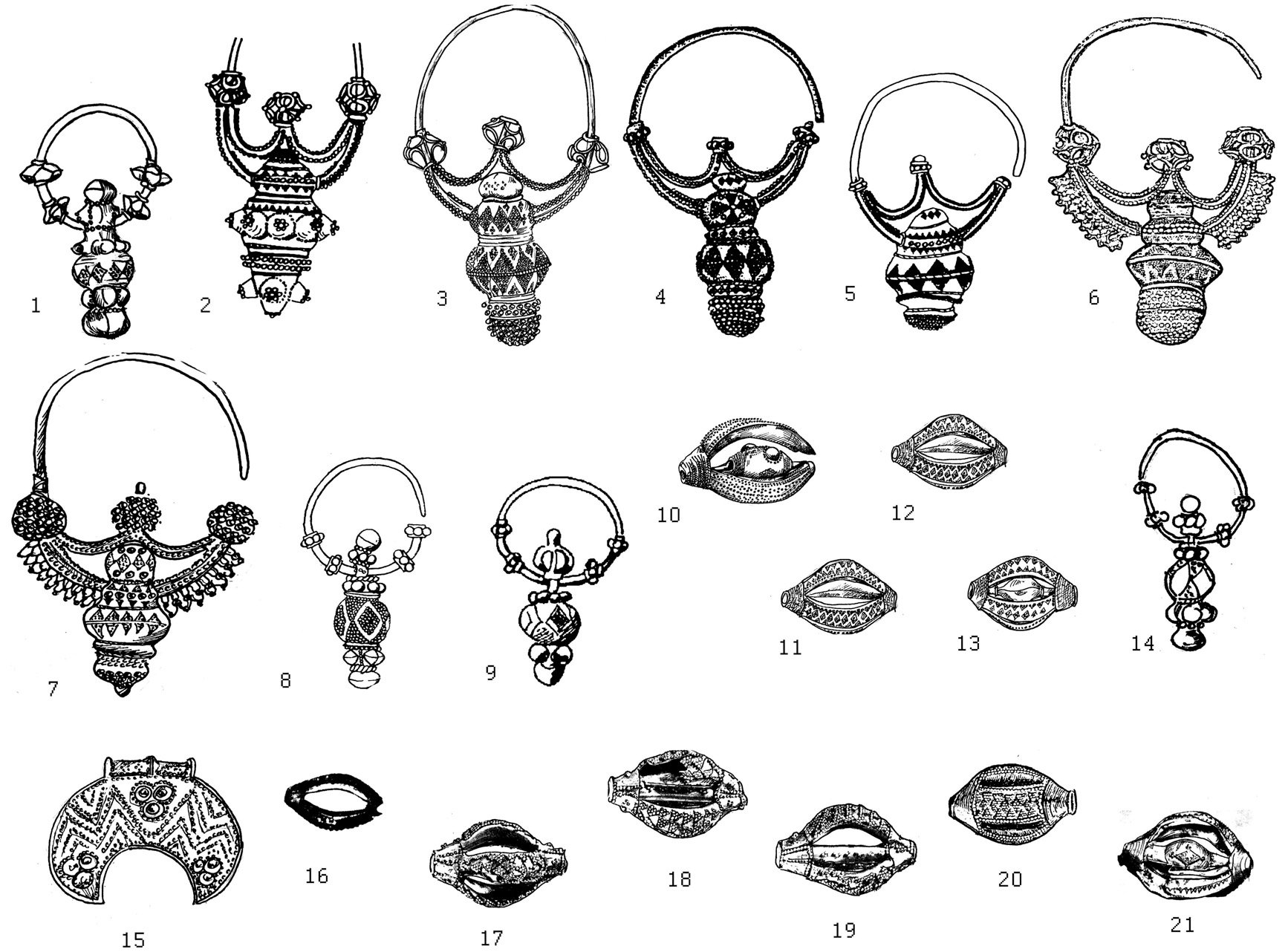 Рис. 2. Серебряные украшения с зернью. Масштабы разные. Все — серебро. 1 — Алчедар (Республика Молдо-
ва), 2 — Торста (Швеция), 3, 10 — Гущино (Украина), 4 — Гнездово (Россия), 5, 6 — Чеханов (Польша), 7 — Бор-
щевка (Украина), 8, 11—13 — Юрковцы (Украина), 9 — бывш. Елизаветградский уезд (Украина), 14—16 — Ко-
пиевка (Украина), 17—19 — Упланд (Швеция), 20 — Готланд (Швеция), 21 — Липовое (Украина), 22 — Сейковик
(Польша).
