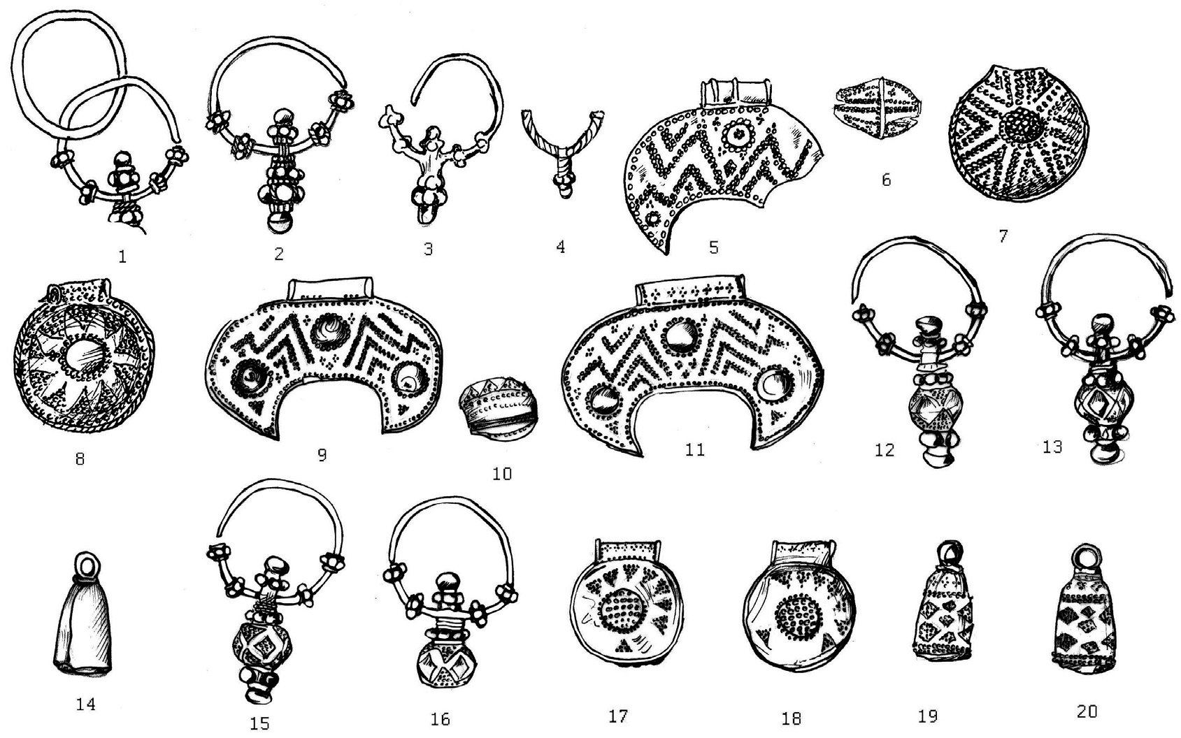 Рис. 3. Ювелирные украшения. Масштабы разные. 4 — бронза, остальные — серебро. 1—8 — Екимауцы (Ре-
спублика Молдова), 9—20 — Червоне (Украина).