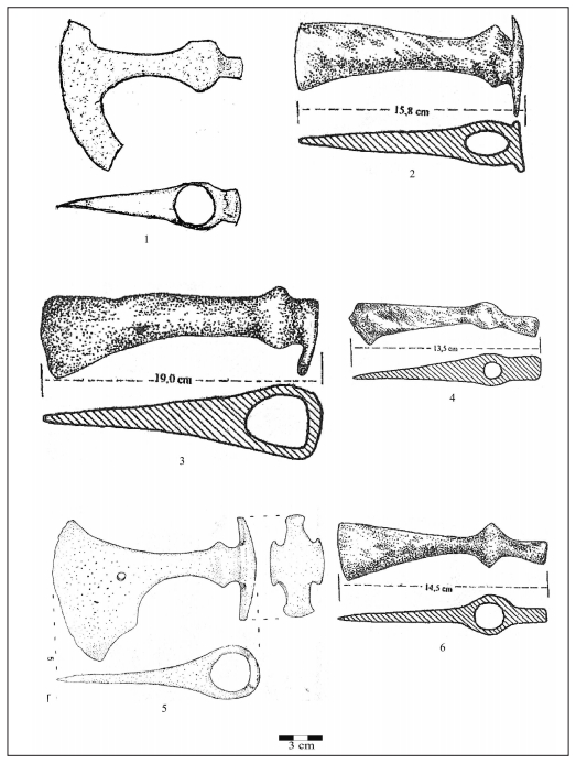 14. kép. Moldvai baltaleletek. 1: Orbeni-centrul satului; 2: Pleşeşti-teritoriul satului; 3: Prăjeşti; 4: Sărăţeni-în faţa şcolii generale;
5: Siliştea Nouă; 6: Suceava-zona suburbană/ 
Fig. 14. Axe finds from Moldavia. 1: Orbeni-centrul satului; 2: Pleşeşti-teritoriul satului; 3: Prăjeşti; 4: Sărăţeni-în faţa şcolii generale;
5: Siliştea Nouă; 6: Suceava-zona suburbană